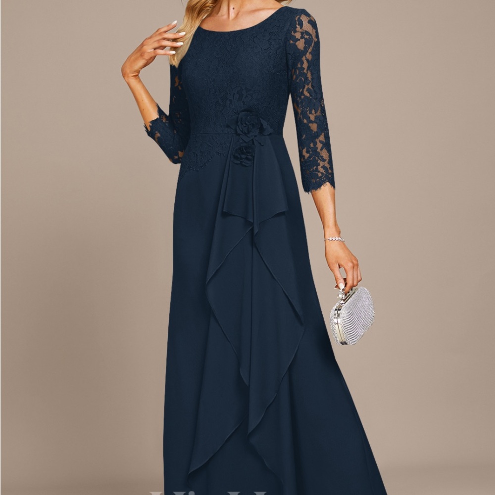 JJs House Navy Blue Lace Long Sleeve Evening Dress